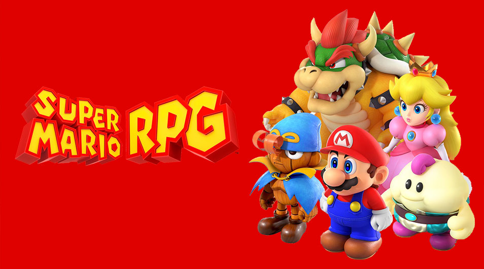 Affiche rouge avec le logo « Super Mario RPG ». Personnages Mario, Bowser et Peach visibles.