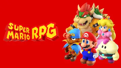 Op een rode achtergrond staat de titel "Super Mario RPG" naast Mario, Bowser, Peach en andere karakters uit het spel.