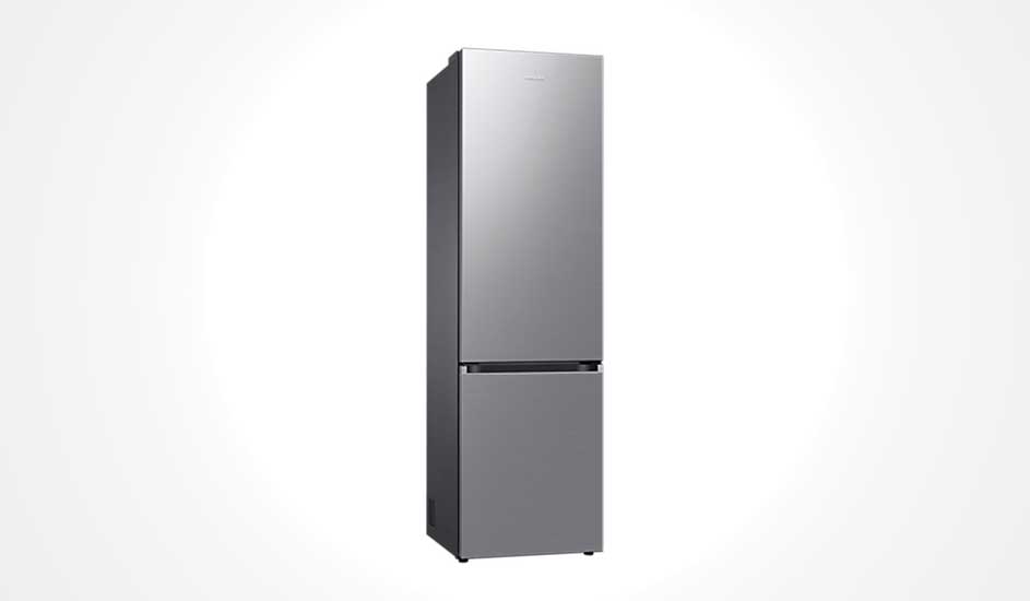 Tall, silver Samsung fridge with two doors, a sleek and modern design, a freezer at the bottom, and a minimalist look.