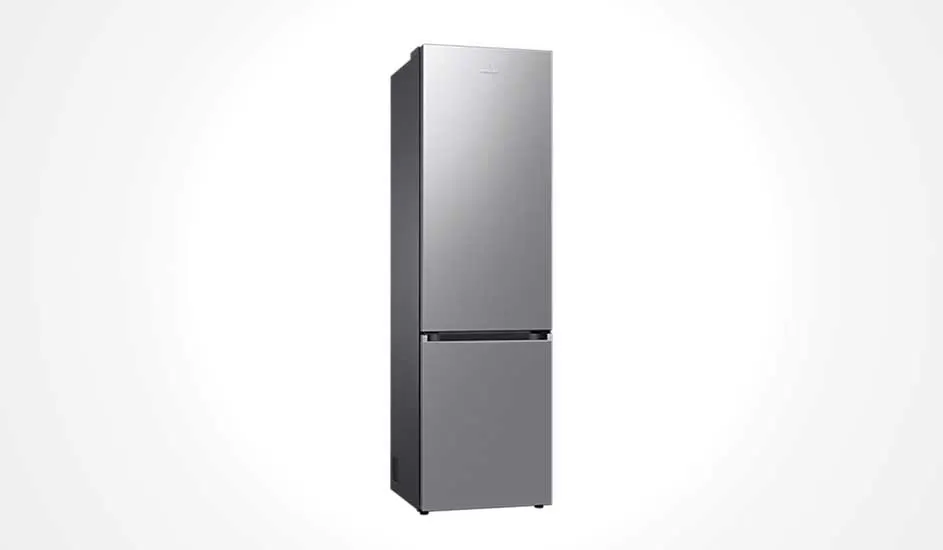 Tall, silver Samsung fridge with two doors, a sleek and modern design, a freezer at the bottom, and a minimalist look.
