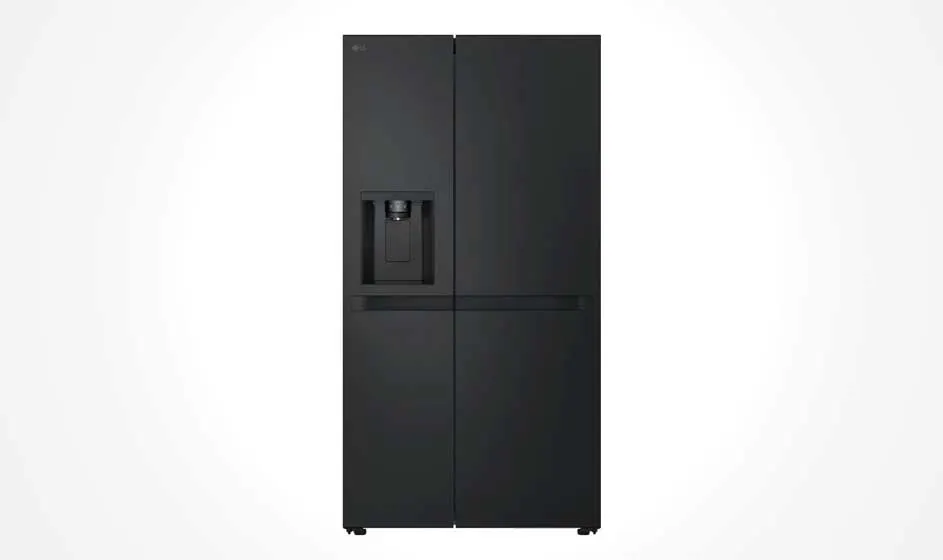 A wide black American-style refrigerator stands against a white background. It has two tall doors, a water dispenser, and a sleek, modern appearance.