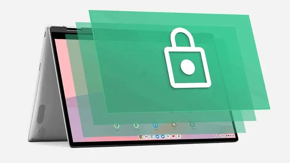 Ordinateur portable gris avec un cadenas blanc sur un écran vert, sur fond blanc.