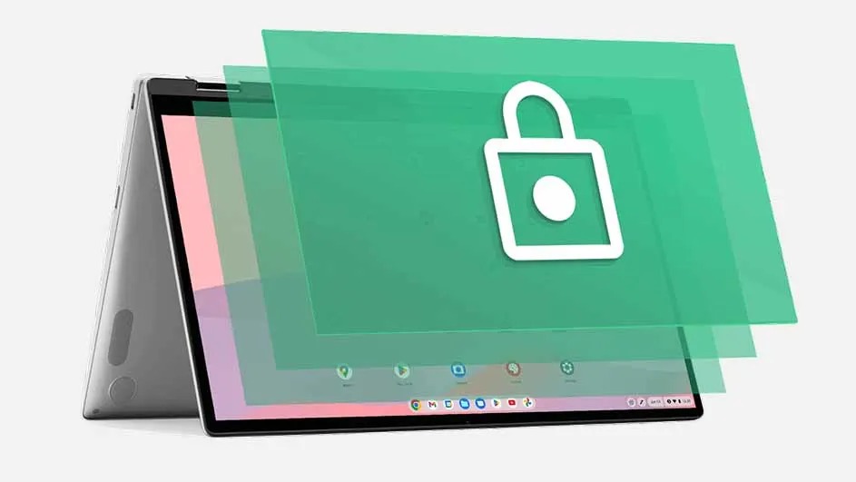 Een grijze laptop staat open met een groen scherm met een wit slot erop, tegen een witte achtergrond.