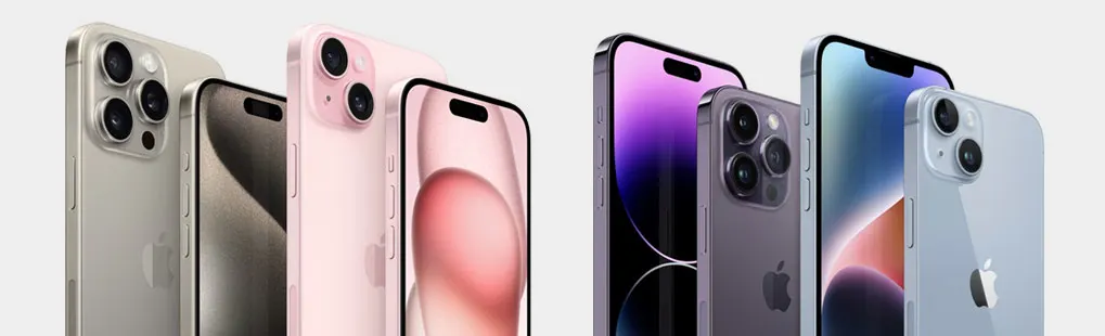 Gamme d'iPhones : modèles argentés, roses, violets et bleus avec plusieurs objectifs d'appareil photo, présentés sur un fond uni.