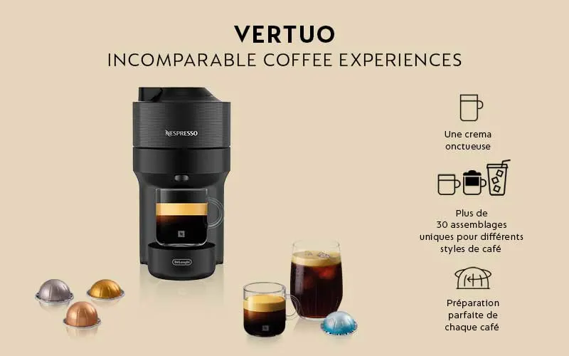 Machine à café noire avec capsules colorées et tasses de café sur fond beige clair. Diverses icônes à droite.