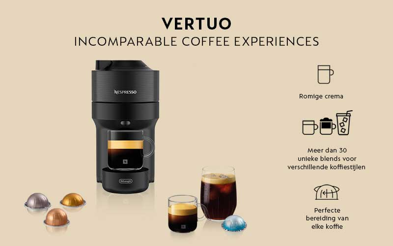 Nespresso Vertuo machine, capsules, glas koffie en ijskoffie op beige achtergrond met tekst en pictogrammen.