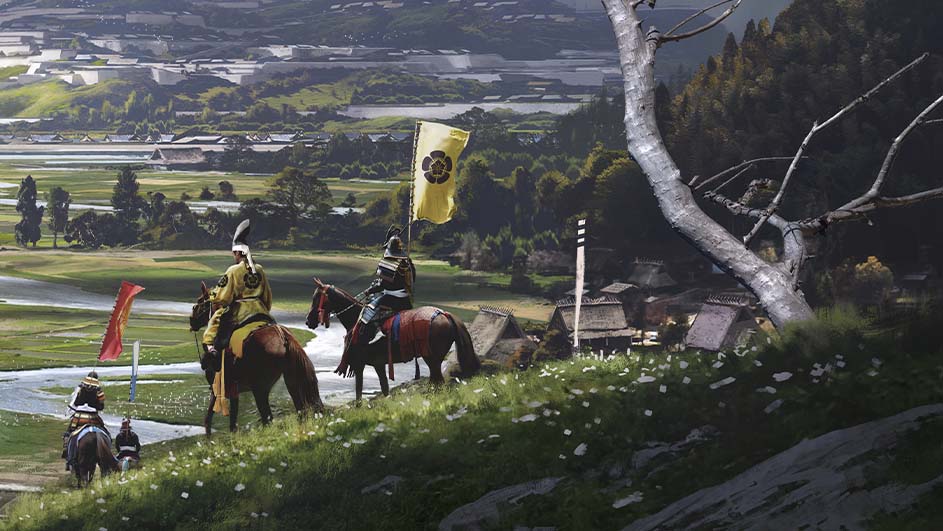 Des cavaliers traversent un paysage vallonné avec un drapeau jaune marqué d'un emblème floral noir, sur fond de bâtiments et arbres.