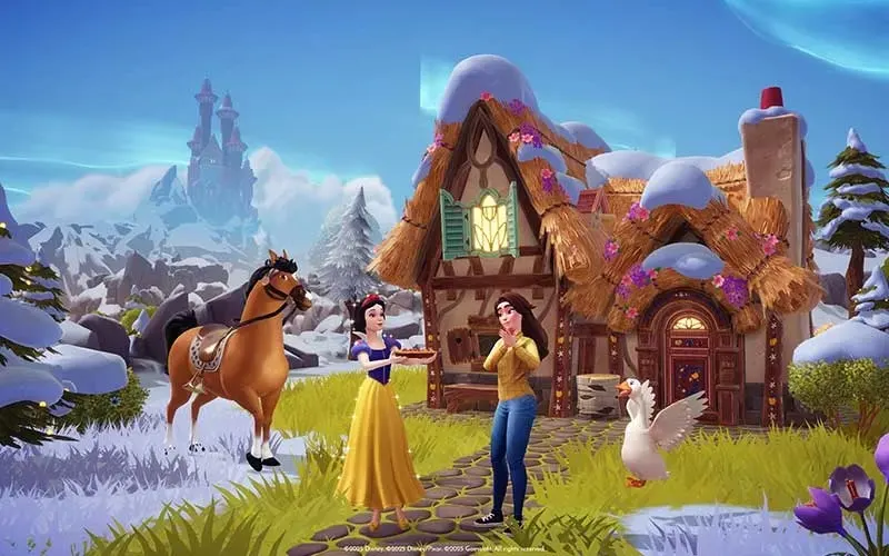 Two women chat outside a cosy snowy cottage, while a brown horse and a cheerful goose stand nearby against distant icy mountains.