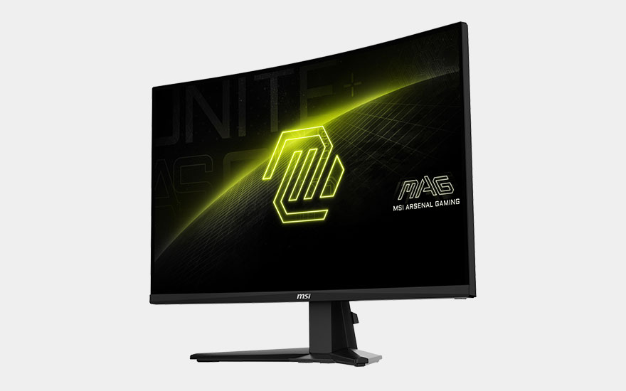 Een gebogen MSI gamingmonitor met dunne randen toont een geel logo en de tekst "MSI Arsenal Gaming" op een donker scherm.