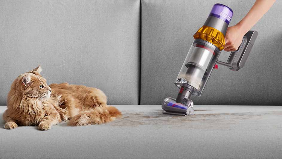 Un chat roux est allongé sur un canapé gris, à côté d'un aspirateur à main en train de nettoyer des saletés.