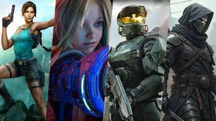 Een collage van iconische gamehelden, van avonturiers tot soldaten, naast elkaar gezet in een kleurrijke, dynamische compositie.