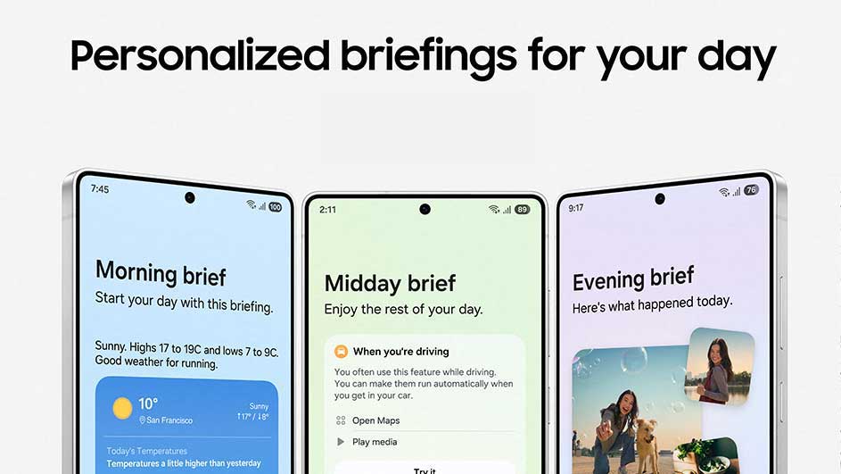 Trois smartphones affichent des résumés personnalisés : matin avec la météo, midi avec l'état de conduite et soir avec des photos.