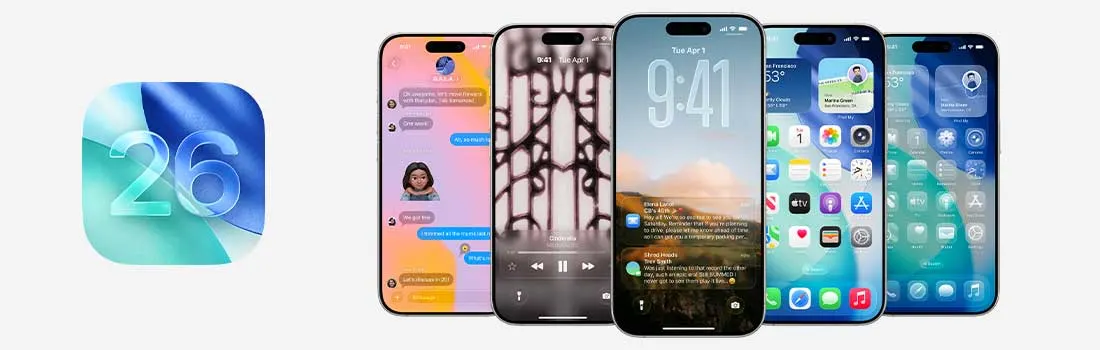 iOS 26 icon beside several iPhones displaying fresh lock screens, messages, music and apps, highlighting colourful new software features.