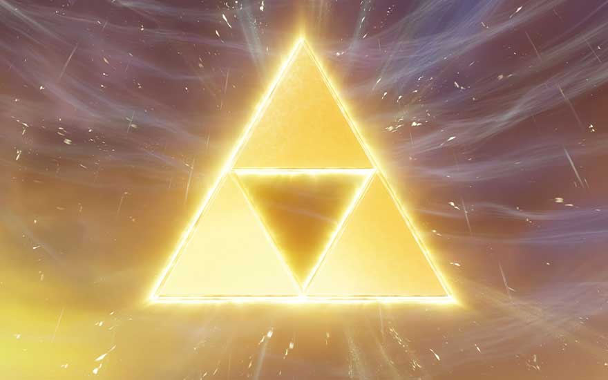 Une Triforce dorée flotte au centre d’un espace lumineux. Des rayons et des particules scintillantes entourent ce symbole célèbre.