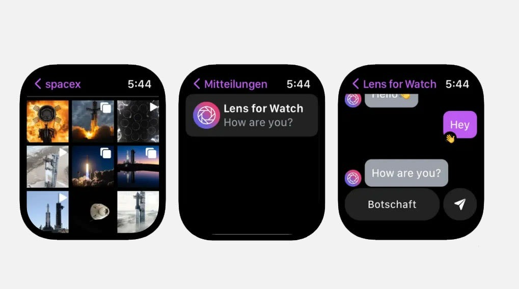 Drie schermafbeeldingen van een app op een horloge, met SpaceX-foto's, berichten en chatinterface op een zwarte achtergrond.