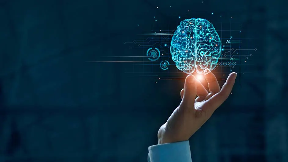 Une main tenant un cerveau bleu lumineux avec des circuits sur un fond bleu foncé.