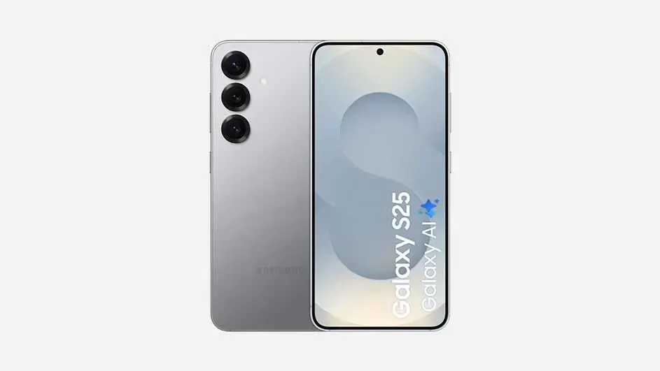 Een zilveren Samsung Galaxy S25 smartphone met drievoudige camera en het Galaxy AI-logo op het scherm zichtbaar.