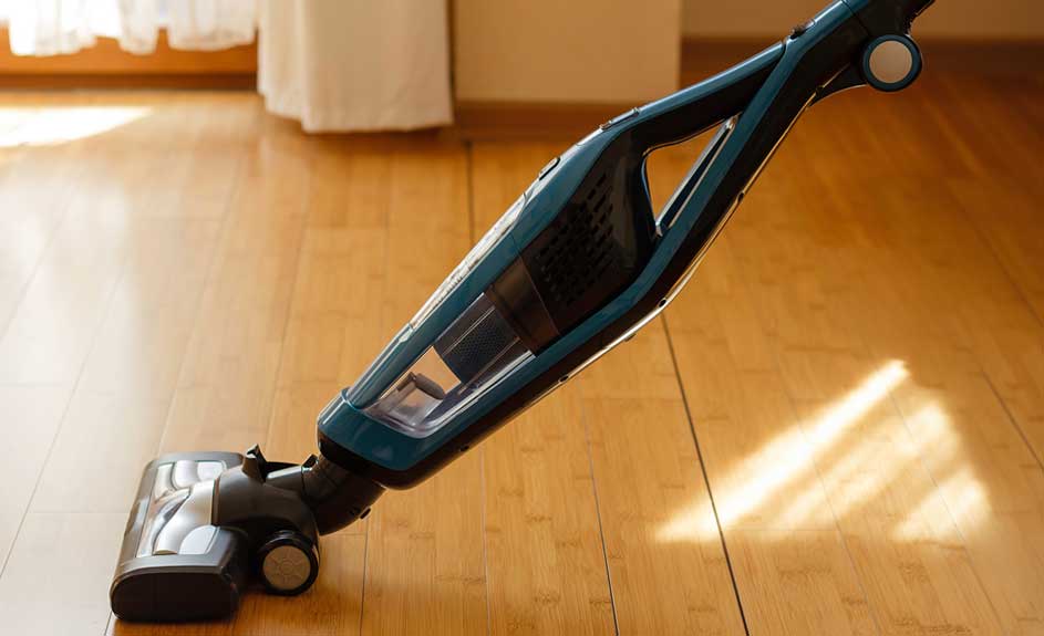 Un aspirateur bleu et noir est posé sur un parquet clair. Un rideau blanc est visible en arrière-plan.