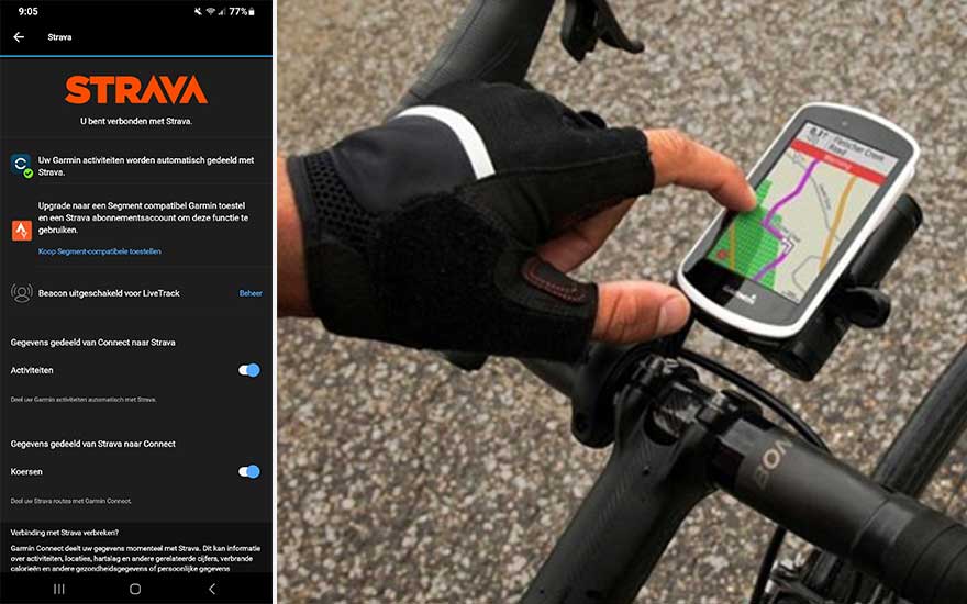 Ecran d'application Strava à côté d'un GPS de vélo montrant une carte, main avec gant de cycliste. Guidon de vélo noir.