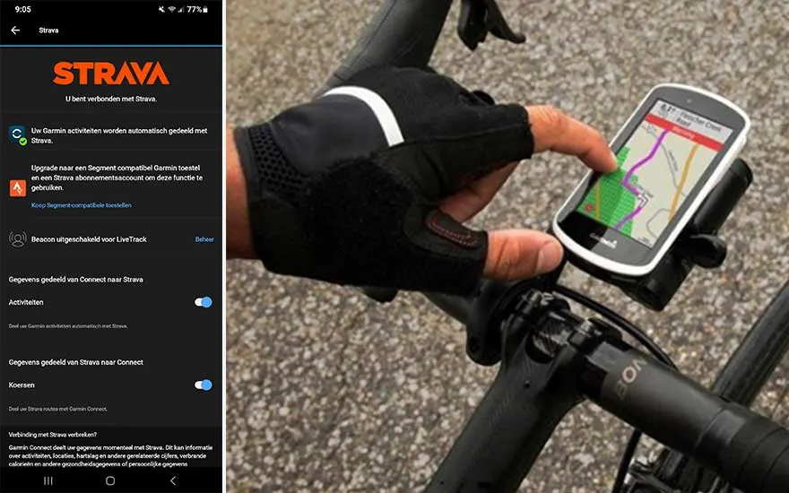 Ecran d'application Strava à côté d'un GPS de vélo montrant une carte, main avec gant de cycliste. Guidon de vélo noir.