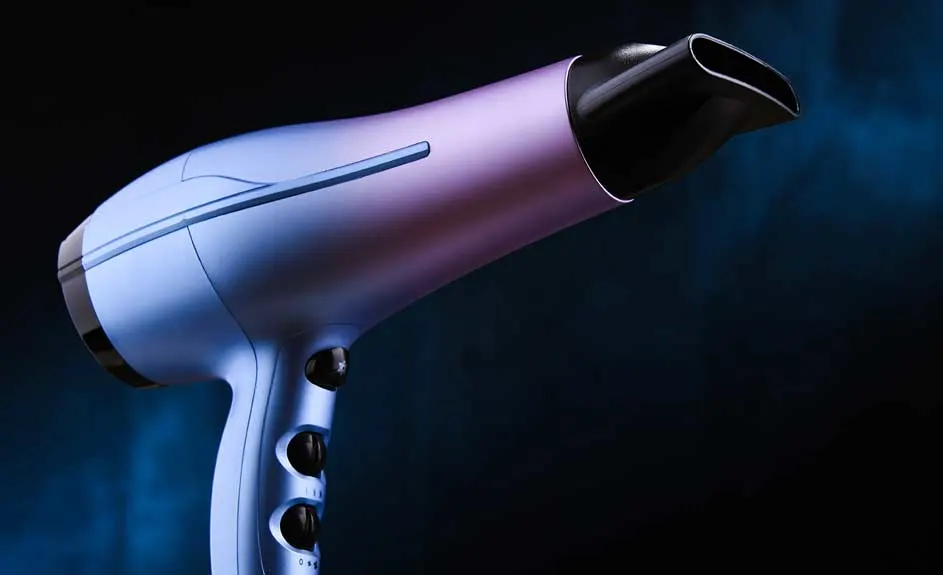Een blauwpaarse haardroger met zwarte accenten staat tegen een donkerblauwe achtergrond.