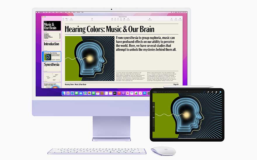 Un écran d'ordinateur et une tablette affichent des visuels similaires sur le thème de la musique et du cerveau, avec un clavier et une souris.