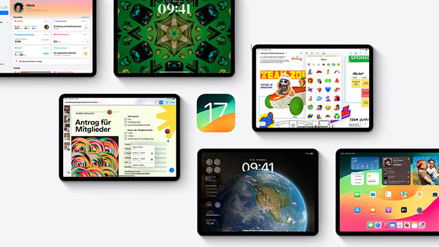 Diverse iPads tonen schermen met apps, widgets en achtergronden op een witte achtergrond.