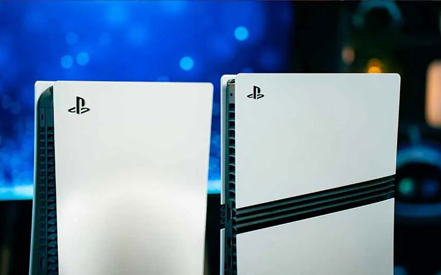 Two PlayStation 5 consoles are standing side by side against a blue background: one standard model and one with a black stripe.