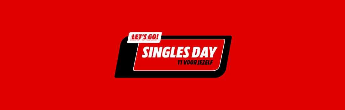Fond rouge vif avec une bannière "Singles Day" blanche et rouge, annonçant 11 offres.