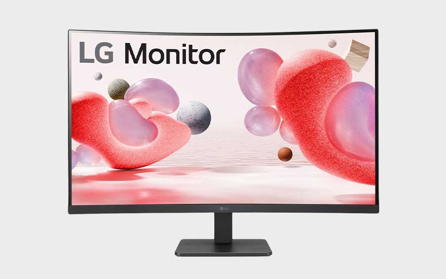 Een LG-monitor met een dunne zwarte rand staat op een compacte voet en toont kleurrijke, zachte bollen en abstracte vormen op een lichte achtergrond.