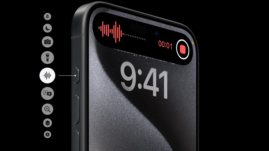 Zwarte smartphone toont 9:41 op het scherm. Bovenin audio-opname en tijdsaanduiding. Links instellingen icoontjes.