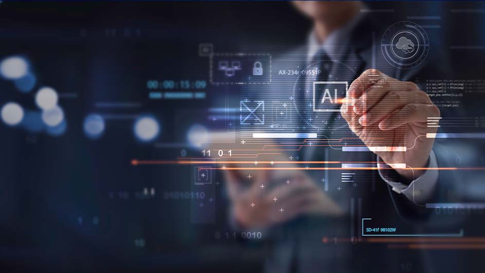 Hand en digitale interface op donkere achtergrond. AI-pictogram, slot en cloud-symbool. Gegevens en technologie in blauw en wit.