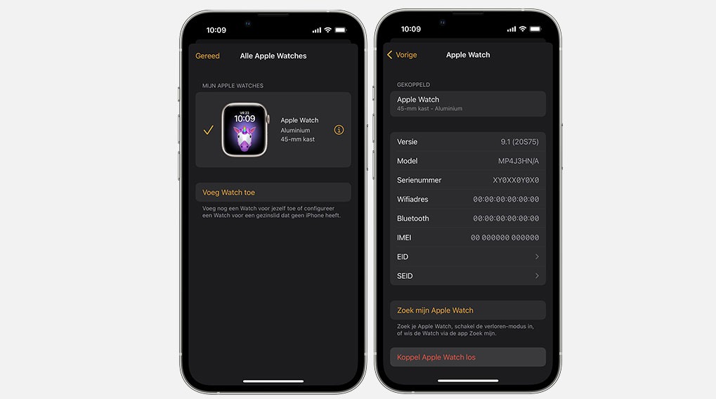 Twee iPhones tonen Apple Watch app-schermen. Links: Watch-details. Rechts: Algemene Watch-info, versie, model en serienummer.