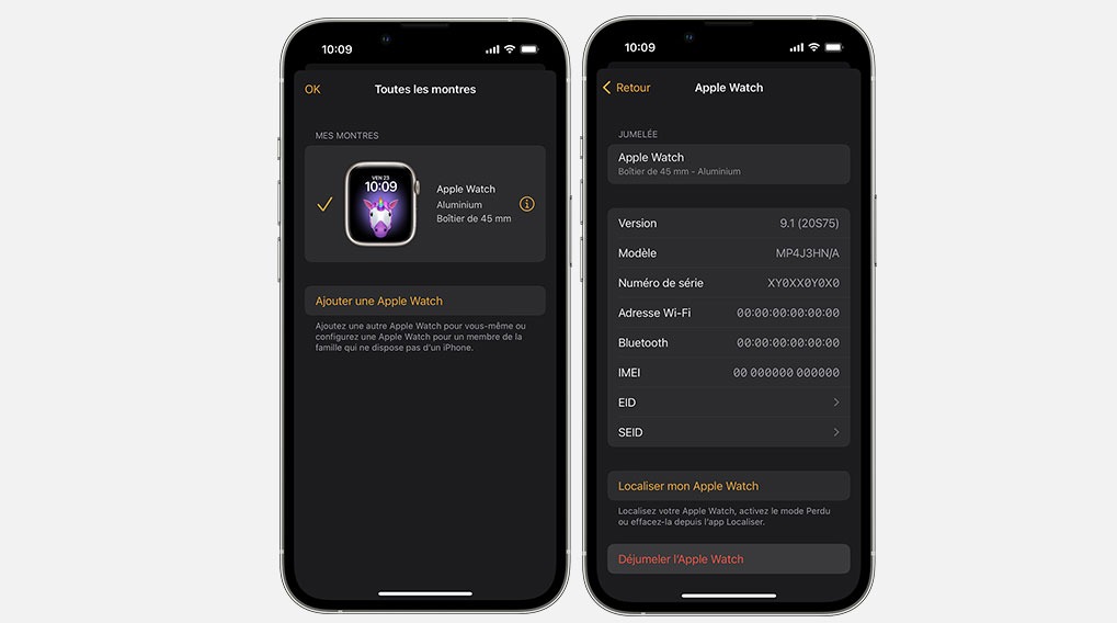 Deux iPhones affichent des écrans de paramètres Apple Watch avec des arrière-plans sombres et du texte blanc. Ils affichent la version du logiciel, les adresses et l'option "Déjumeler".