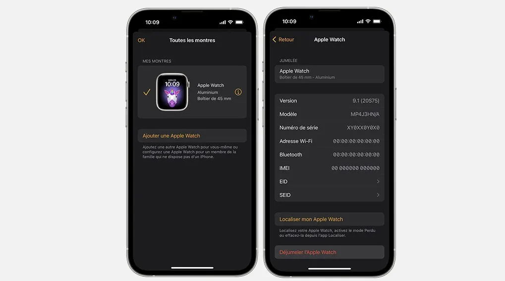 Deux iPhones affichent des écrans de paramètres Apple Watch avec des arrière-plans sombres et du texte blanc. Ils affichent la version du logiciel, les adresses et l'option "Déjumeler".