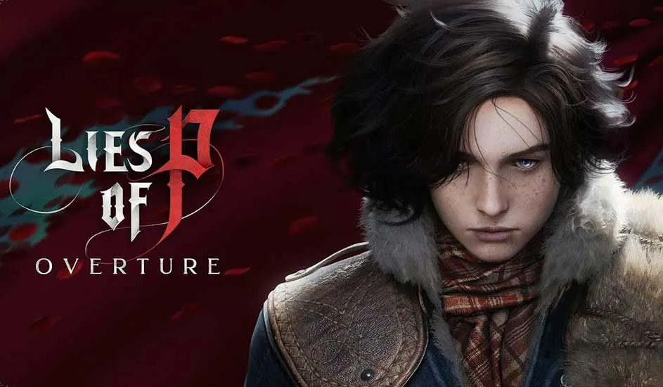 Een gamecover met de titel "Lies of P Overture" tegen een bordeauxrode achtergrond. Links staat de titel in witte letters. Rechts een figuur met donker haar, een bontkraag en een geruite sjaal.