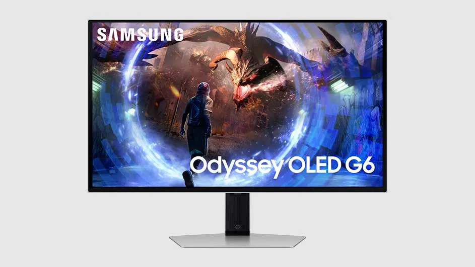 Zwarte Samsung Odyssey OLED G6 monitor met blauwe en bruine game-afbeelding op grijs.