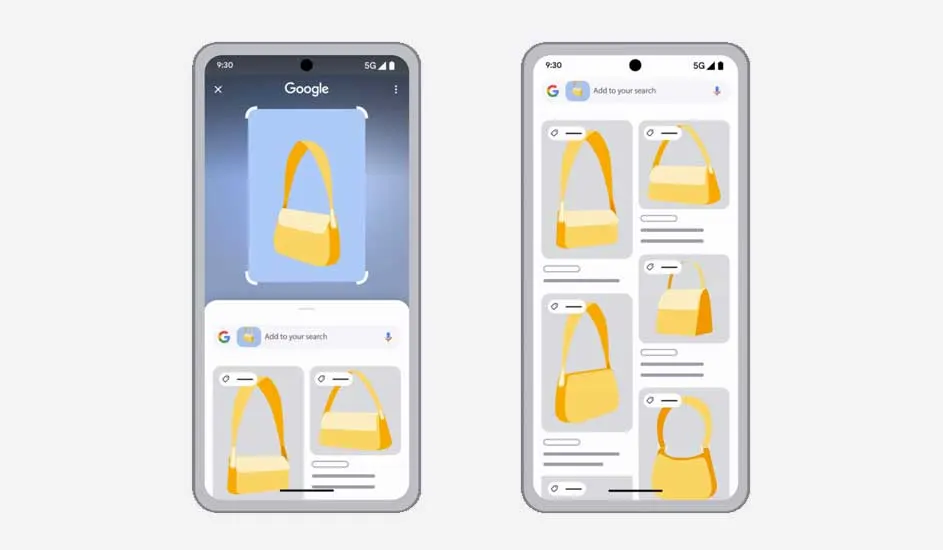 Twee telefoonschermen met een Google Lens-zoekopdracht naar gele handtassen op een grijze achtergrond.
