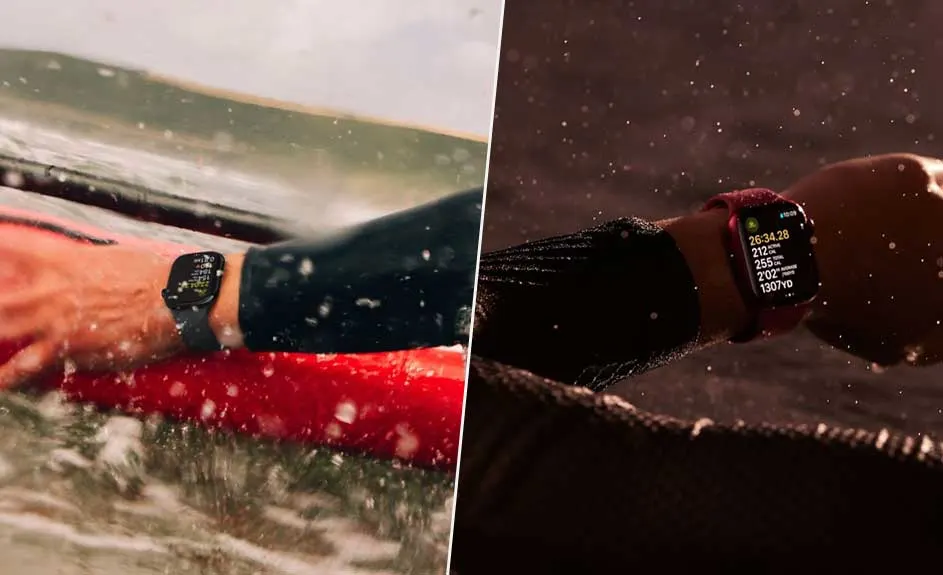 Deux scènes : une montre connectée sur une planche de surf et une montre affichant des données de santé.
