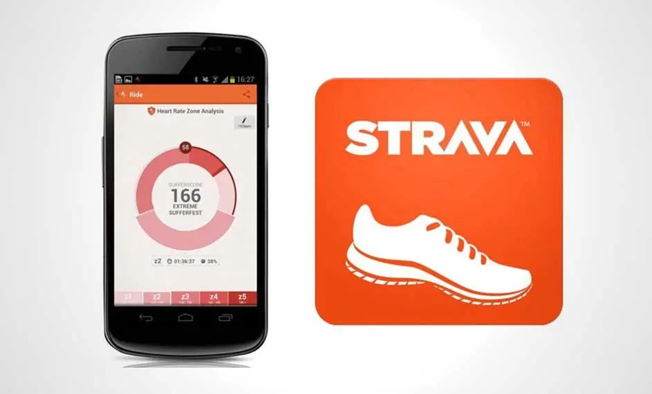 Un smartphone affiche une analyse de fréquence cardiaque. À côté, le logo orange Strava avec une chaussure de course blanche.