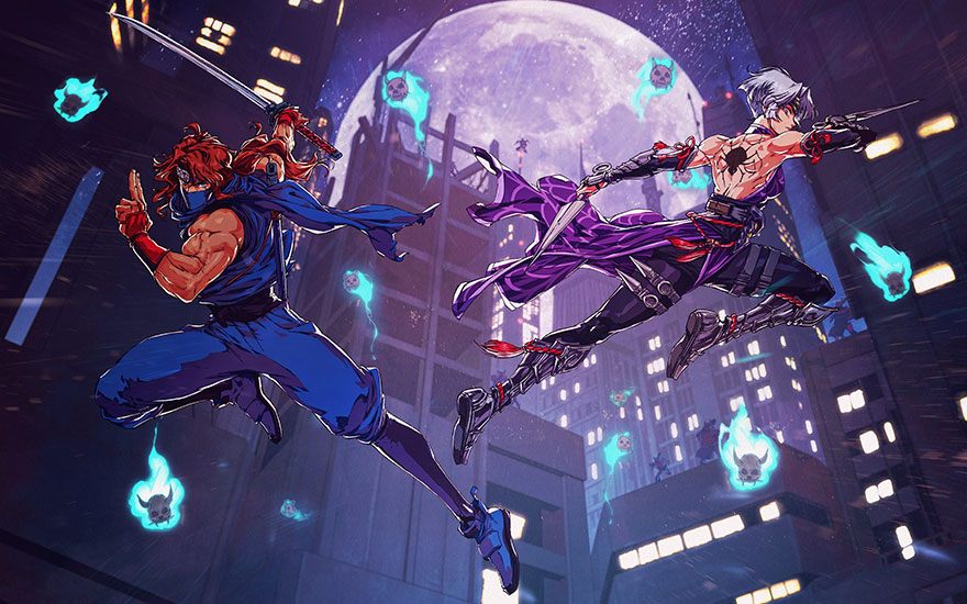 Twee krijgers in anime-stijl vechten mid-air in een cyberpunk stad onder een volle maan met blauw-groene energiebolletjes rondom hen.