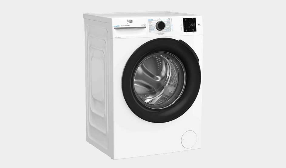 White Beko front-loading washing machine with large black door frame and shiny metal drum, shown at an angle against a light neutral background.