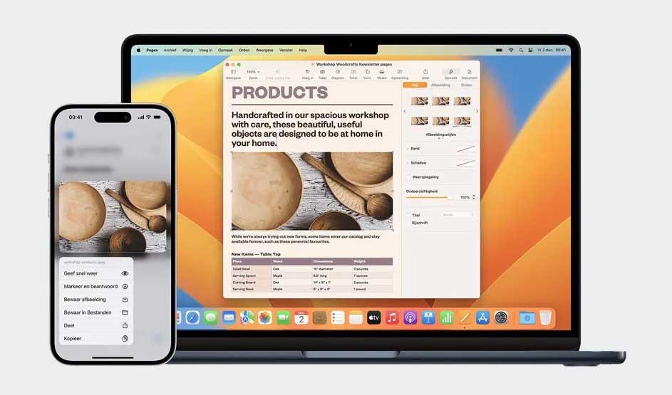 An Apple MacBook and iPhone show continuity: a Pages layout on the Mac and the same wooden bowls image on the iPhone with share options.