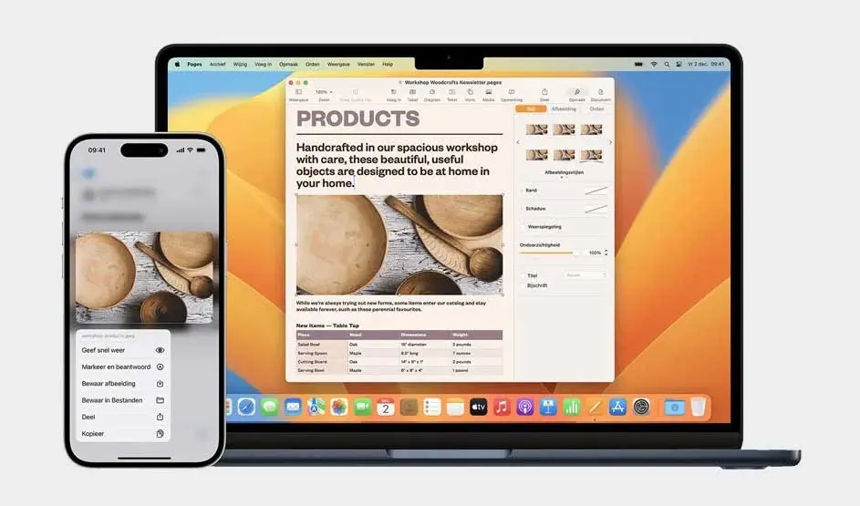 An Apple MacBook and iPhone show continuity: a Pages layout on the Mac and the same wooden bowls image on the iPhone with share options.