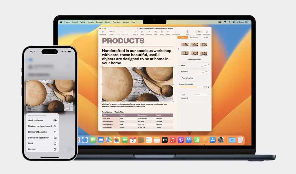 Un iPhone Apple et un MacBook affichent la même photo produit, options d’édition et partage visibles ; design et marque Apple reconnaissables.
