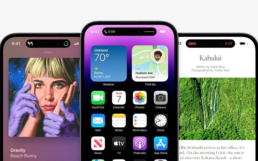 Drie iPhones tonen verschillende schermen: een vrouw, apps en een waterval. Elk toont de tijd en signaalsterkte.
