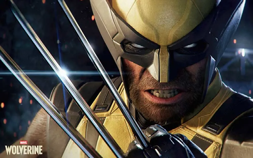 Een intense close-up van Wolverine met zijn gouden masker en uitgebreide zilveren klauwen, zijn gezicht grimmig en vastberaden, tegen een donkere achtergrond met vuureffecten.