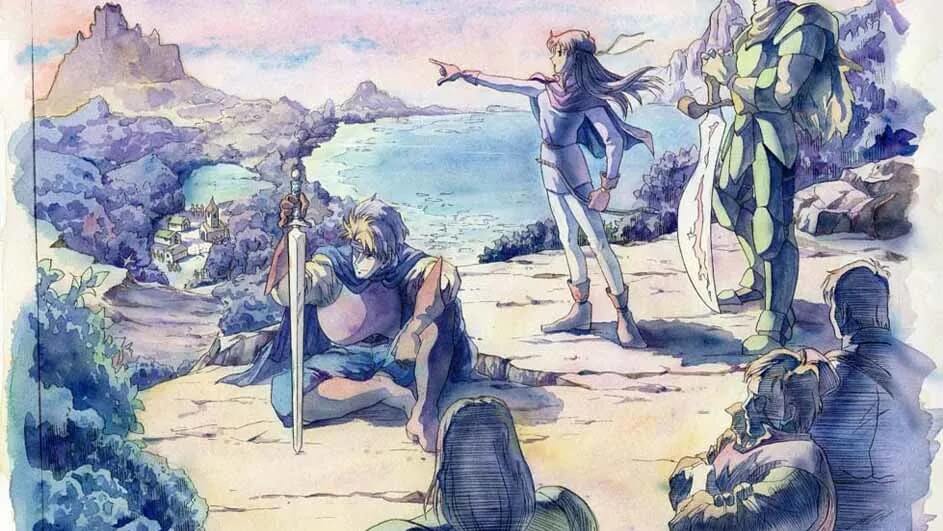 Een aquarel illustratie toont figuren met zwaarden in een bergachtig landschap aan zee.