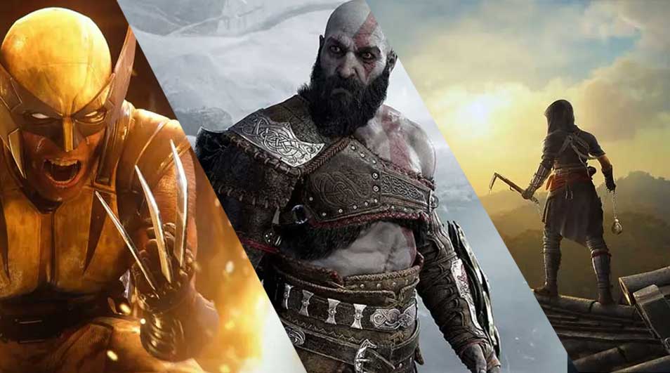 Een brede gamebanner toont drie strijders: een gouden krijger, een gespierde bebaarde man en een boogschutter. Ze staan in dramatische landschappen vol spanning.