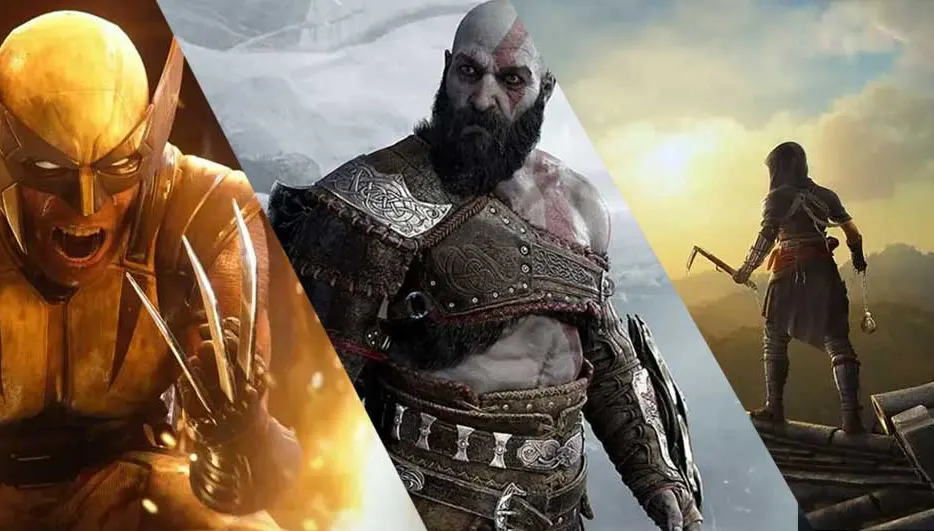 Een brede gamebanner toont drie strijders: een gouden krijger, een gespierde bebaarde man en een boogschutter. Ze staan in dramatische landschappen vol spanning.